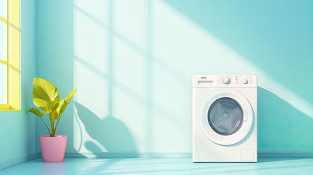 A modern laundry room featuring a white washing machine beside a vibrant potted plant in a pink pot. The bright blue walls create a fresh and cheerful ambiance.の素材