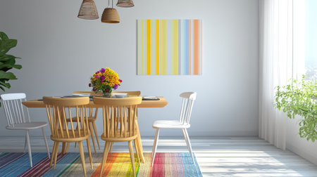 A bright and inviting dining room featuring a wooden table surrounded by colorful chairs. Sunlight filters through large windows, illuminating cheerful decor and flowers.の素材