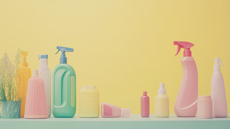 A vibrant and minimalist display of various cleaning supplies set against a soft yellow background. Perfect for illustrating hygiene and home organization themes.の素材