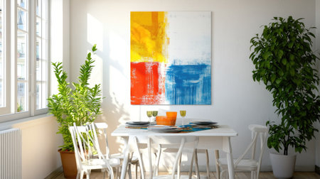 Discover a bright and modern dining space featuring vibrant artwork, white furniture, and lush indoor plants. This serene room is perfect for casual dining.の素材