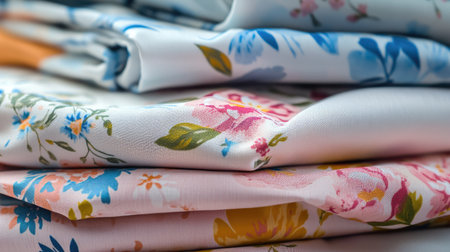 This image showcases a beautiful array of colorful floral fabrics stacked neatly. Ideal for home decor, crafting, and sewing projects, these textiles add a vibrant touch to any design.の素材
