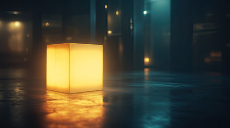 A glowing box stands alone in a dark, atmospheric space, creating captivating reflections on the wet surface. The scene evokes feelings of mystery and minimalism.の素材
