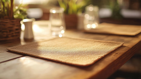 A cozy dining table setting adorned with a textured placemat, illuminated by soft natural light. The rustic decor creates an inviting atmosphere perfect for intimate meals.の素材