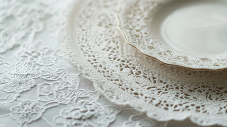 A beautiful white lace table setting featuring an elegant plate. The intricate textures and details create a sophisticated atmosphere perfect for any dining occasion.の素材