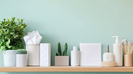 A stylish bathroom shelf showcasing greenery and essential supplies, featuring white containers and a soft pastel background. Perfect for modern decor.の素材
