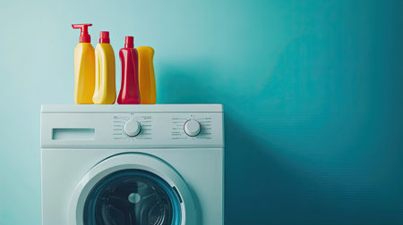 A washing machine sits against a blue wall, topped with vibrant yellow and red detergent bottles, representing home cleaning and care essentials.の素材