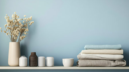 A serene bathroom shelf featuring neatly stacked towels, a minimalist vase with dried flowers, and decorative accents, promoting a fresh and relaxing atmosphere.の素材