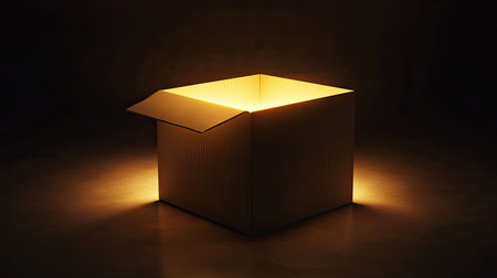 A captivating image of an open box emitting a soft yellow glow against a dark background. This photograph evokes feelings of curiosity and warmth, perfect for creative projects.の素材