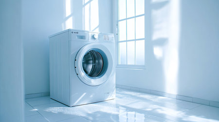 This image features a modern washing machine in a bright laundry room, illuminated by natural sunlight. The clean, minimalistic design enhances the fresh atmosphere, perfect for showcasing home appliances.の素材