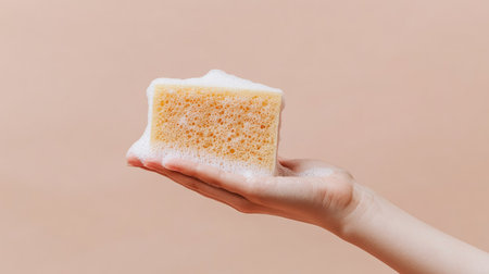 A hand holds a bubbly soap sponge, showcasing a vibrant foam against a soft pastel background. Ideal for skincare, hygiene, and beauty themes.の素材