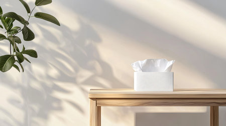 A serene image of a white tissue box placed on a wooden table, complemented by soft shadows and a green plant, creating a warm, minimalist ambiance.の素材