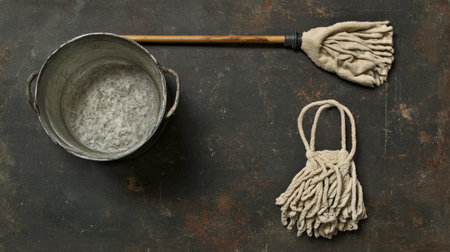 Captivating overhead view of a rustic mop and bucket on a textured surface. The image showcases essential cleaning supplies, emphasizing simplicity and utility in domestic chores.の素材