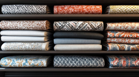 A stunning arrangement of beautifully folded textiles on a wooden shelf, showcasing intricate patterns and vibrant colors ideal for home decor inspiration.の素材