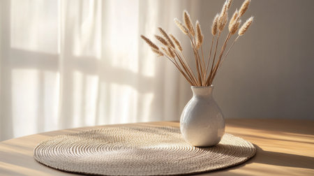 A serene scene featuring a dried flower arrangement in a minimalist vase on a wooden table, illuminated by warm sunlight, creating a cozy atmosphere.の素材