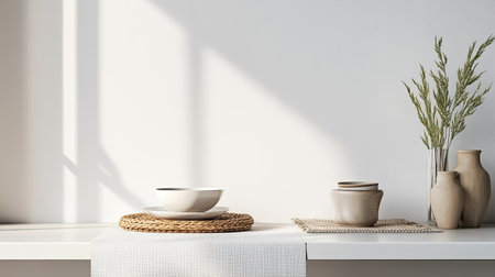 A serene minimalist kitchen scene featuring light-colored tableware and natural decor elements. Soft shadows create a calm ambiance for modern interiors.の素材