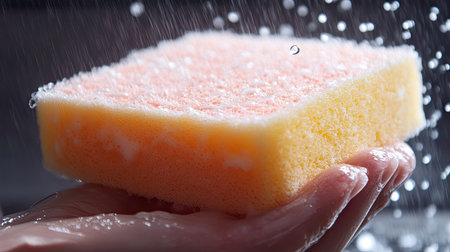 This close-up image features a colorful sponge, drenched in water droplets. The vibrant yellow and orange colors highlight its texture, perfect for cleaning.の素材