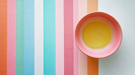 A pink bowl filled with yellow liquid rests on a vibrant striped surface. The colorful arrangement creates a fresh and inviting atmosphere perfect for culinary themes.の素材