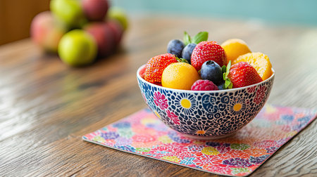 A vibrant bowl filled with a variety of fresh fruits including strawberries, blueberries, and peaches, set on a wooden table. Perfect for healthy eating.の素材