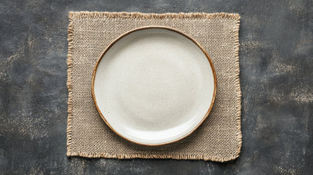 A simple white ceramic plate rests on a rustic cloth, highlighting its textured surface. Ideal for showcasing minimalist table settings or culinary presentations.の素材