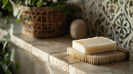 A serene composition featuring a handmade soap on a wooden bath brush, surrounded by lush greenery and artistic tile, evoking relaxation and natural beauty.の素材