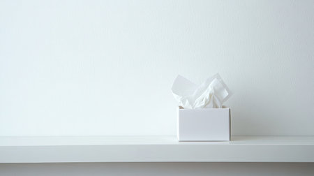 A minimalist composition featuring a simple white gift box filled with tissue paper, placed on a clean shelf against a bright wall, perfect for various occasions.の素材
