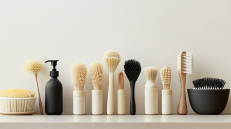 A stylish arrangement of natural and modern bath accessories showcasing a variety of brushes and bottles. Ideal for beauty and wellness concepts.の素材
