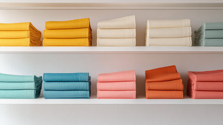 A visually appealing arrangement of colorful towels neatly stacked on shelves, showcasing a modern home interior design. Perfect for home decor inspiration.の素材