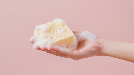 A hand gently holds a yellow sponge covered in soap bubbles against a soft pink background, symbolizing cleanliness, comfort, and personal care.の素材