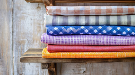 A vibrant assortment of stacked fabrics showcasing various colors and patterns, elegantly displayed on a rustic wooden shelf against a textured background. Perfect for arts and crafts.の素材