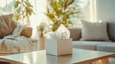 A white tissue box placed on a wooden coffee table in a cozy living room. Soft sunlight filters through, highlighting a serene and inviting atmosphere.の素材