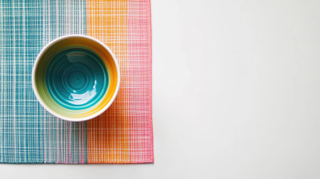 A beautifully shaped turquoise bowl rests on a vibrant placemat, showcasing artistic design elements. The minimalistic arrangement creates a fresh and clean look ideal for culinary presentations.の素材