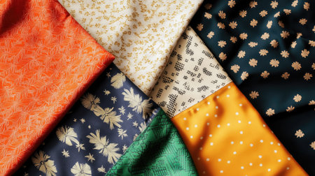 A vibrant collection of colorful fabric patterns featuring intricate floral designs and rich textures. Perfect for fashion, crafts, and home decor projects.の素材