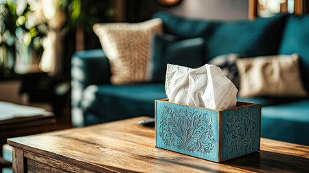 A stylish tissue box sits on a wooden table in a cozy living room, surrounded by soft furnishings and greenery, creating a welcoming atmosphere.の素材