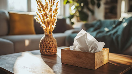 A cozy living room scene featuring a decorative tissue box, dried flowers in a vase, and warm sunlight streaming through the window, creating an inviting atmosphere.の素材