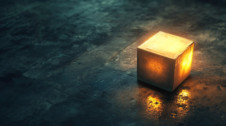 A glowing cube rests on a dark surface, casting soft reflections and creating an atmospheric ambiance. Ideal for artistic and modern themes.の素材