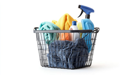 A black wire basket filled with colorful towels and cleaning supplies, showcasing essential items for home hygiene and organization against a clean backdrop.の素材
