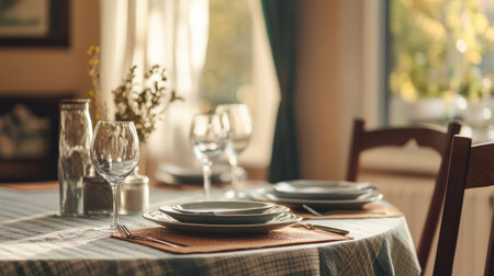 A cozy dining table set with elegant tableware and glassware, illuminated by soft, warm light. Perfect for inviting family and friends to enjoy a meal.の素材