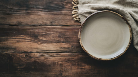 A rustic ceramic plate rests on a wooden table, accompanied by a natural cloth. This minimalist composition highlights simplicity and warmth, perfect for food styling or home decor inspiration.の素材