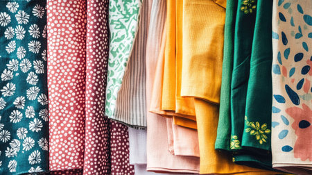 A vibrant array of colorful textiles showcases a variety of unique patterns and designs. Perfect for creative projects, crafts, and stylish home decor.の素材