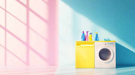 A stylish laundry room featuring a washing machine, colorful detergent bottles, and creative decor. Bright pastel walls create a cheerful atmosphere.の素材