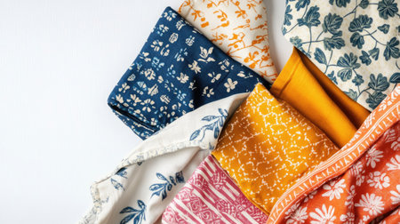 A vibrant assortment of colorful textiles showcasing intricate patterns and designs. Ideal for crafting, sewing projects, or home decor inspiration.の素材