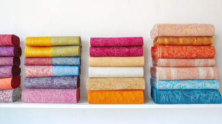 Bright and colorful rolled textiles arranged neatly on a shelf, showcasing intricate patterns and vibrant hues, ideal for home decor and design inspiration.の素材