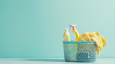 A colorful basket filled with essential cleaning supplies featuring a spray bottle, liquid soap, and a soft yellow cloth, perfect for any home cleaning routine.の素材