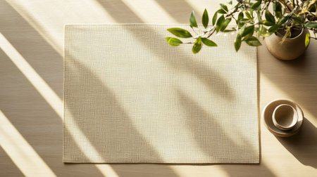 A serene tabletop scene highlighting natural light, a green plant, and a simple placemat. Ideal for illustrating minimalism and peaceful living.の素材