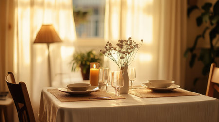 A cozy dining setting featuring a table with elegant plates, a flower vase, and warm candlelight. The soft lighting creates a relaxing and intimate atmosphere for any meal.の素材