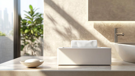 A serene bathroom scene featuring a modern tissue box and a minimalist design. Natural light illuminates the space, showcasing beautiful decor and greenery.の素材
