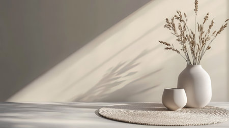 This minimalist still life features a simple vase with dried flowers casting soft shadows on a neutral background, creating a calming and elegant atmosphere perfect for decor inspiration.の素材