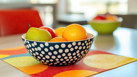 A vibrant bowl filled with fresh fruits sits elegantly on a colorful table setting, showcasing apples, oranges, and pears. Ideal for promoting health and wellness.の素材