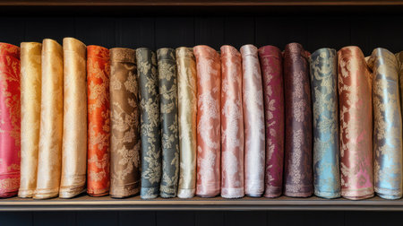 A stunning display of elegantly rolled textiles in an array of colors and patterns. Perfect for interior design, fashion, and crafting projects.の素材