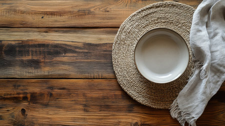 This image features a rustic table setting with a round plate placed on a braided wicker charger. A natural linen napkin lays beside it, adding warmth and elegance to the composition.の素材